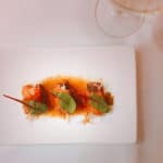 Tataki zalm met rettich en uien vinaigrette.