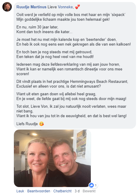 Winnaar Valentijnsactie Hemingways (reactie Facebook)