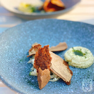 Noordzeekrab met een relish van onrijpe appel en mierikswortel, gereserveerd met een crème van doperwten, zevenbladolie, poeder van zee-eik en crackers van rogge (Neder × Noorderlicht)